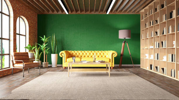 istock Cozy Living Room with a Libary anc Yellow Sofa 2155981980