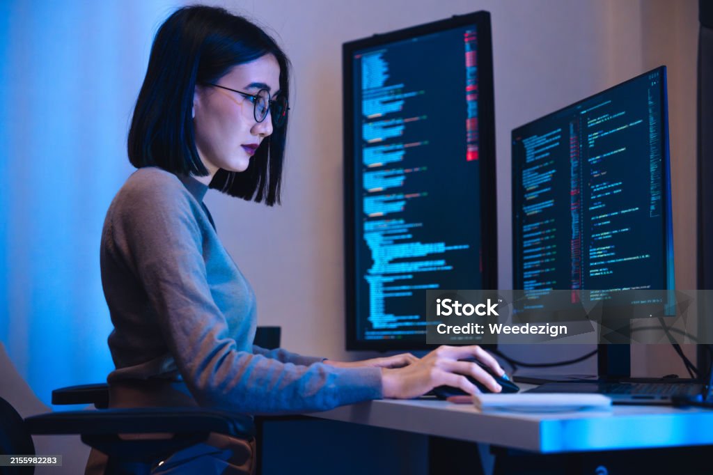 Woman Computer Coding Software Engineer Asian Woman Software Development Working On Coding Computer Screen And ...