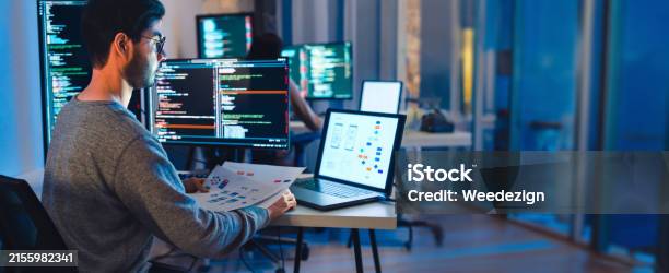 Asian Developer Asian Software Developers Working On Multiple Screens Displaying Code ...