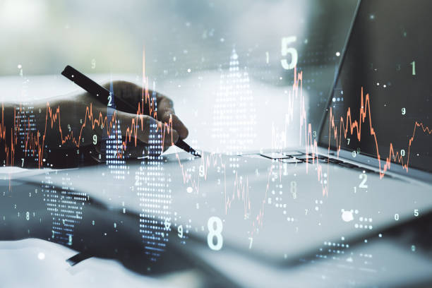 istock Abstract creative financial graph with hand writing in diary on background, financial and trading concept. Multiexposure 2155984596
