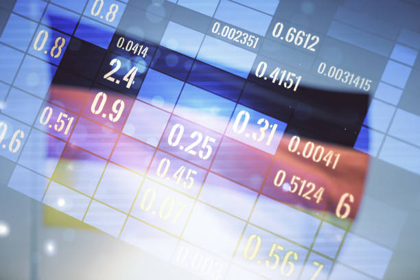 Double exposure of abstract virtual statistics data hologram on German flag and blue sky background, statistics and analytics concept