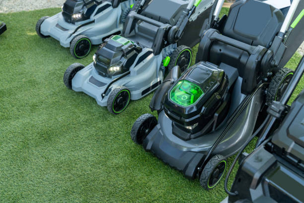 istock Battery-powered electric lawn mowers. 2155985349