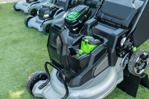 istock Battery-powered electric lawn mowers. 2155986037