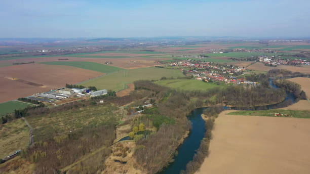 istock Fields cowshed farm field intensive dairy cows feeding barn drone aerial video shot, large agricultural activity agriculture farming Holstein Friesian cattle breed milk, cowshed not bricked, Holsteins 2155986362