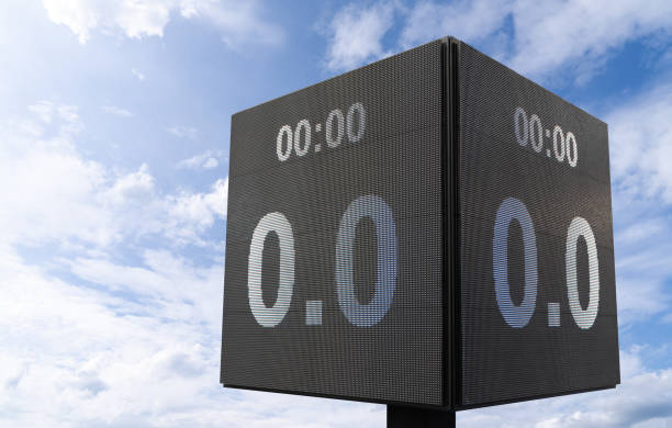 istock Close up of led panel with score 0 - 0. 2155989054