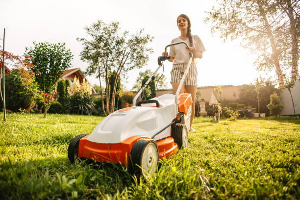 istock Young woman mowing garden 2155992109