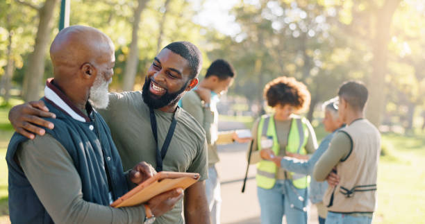 istock Park, people and volunteers success with tablet for data support, community project or nature sustainability. Humanitarian, recycling or senior leader in charity service or NGO for pollution cleanup 2155992141