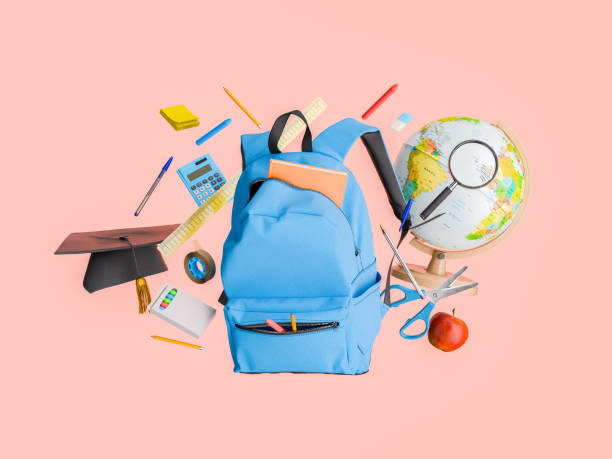 Blue Backpack and School Supplies Floating on Red Background