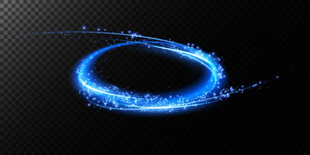 istock Magic portals on the night scene. Blue round holograms with rays of light and sparkles. Glowing futuristic teleport tunnel with copy space on black background. 2156000843