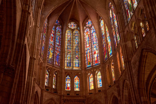 Leon, Spain; September,11,2022: Medieval glasswork in the Cathedral of Leon. Lion. Spain