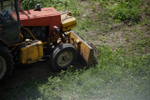 istock Drilling bulldozer clears construction site of green grass 2156003258