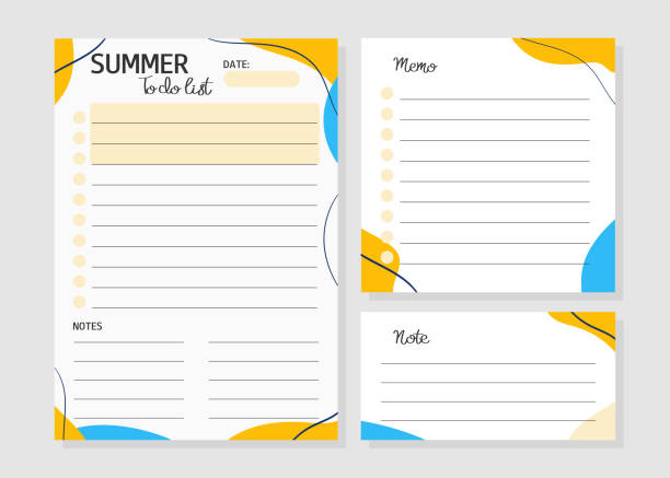 Template of summer to do list, note, memo in yellow and blue colors. Vector illustration for agenda, planners, checklists, notebooks, cards and other stationery. Layout in A5. spiral bound scrapbook cartoons stock illustrations