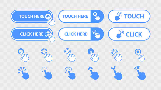 ilustrações de stock, clip art, desenhos animados e ícones de clickable web buttons with cursor pointer icon. web site button set collection. call for action click and touch button. vector illustration. - bater com os dedos