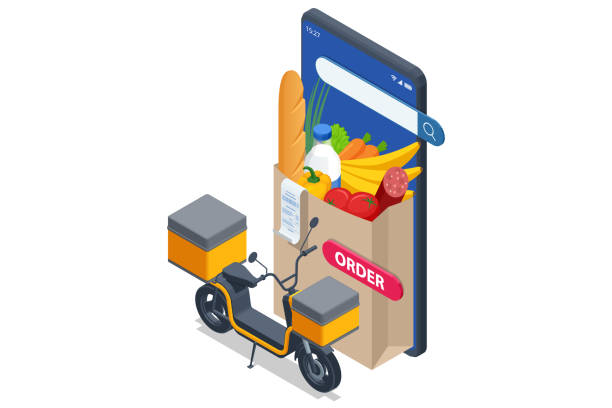 istock Isometric Delivery Motorcycle, Delivery man riding a scooter . Online food or pizza order and packaging box. Lifelike motorcycle featuring an bag, ideal for restaurant and cafe couriers 2156009476