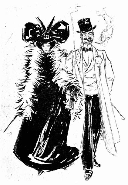istock Young couple walking front view, she wears a huge hat and a feather boa, he seems to be proud and smokes a cigarette 2156010993