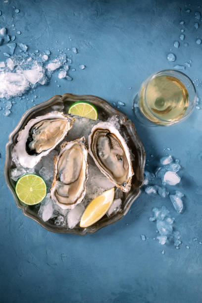 istock Oysters with lemon and lime, on ice, overhead flat lay shot on a blue background 2156011359