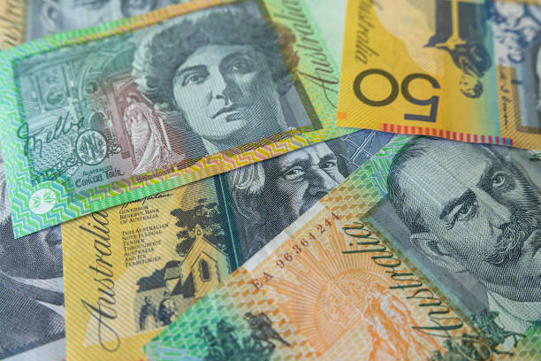 istock 50 100 Australian currency banknotes. Aussie currency, finance concept 2156013807