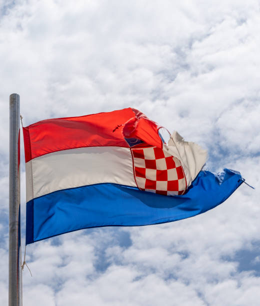 Wind damaged and battered Croatian National flag.