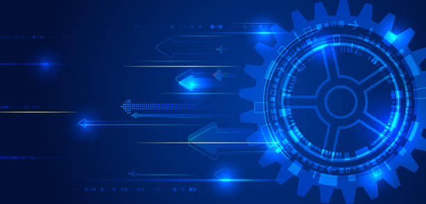 istock Science concept, lines, arrows and gear mechanism. Abstract high-tech communication for presentation or banner. Sci-fi blue background with different technological elements. 2156016328