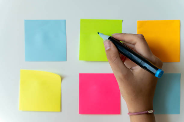 istock A hand writes on a yellow sticker with a black marker 2156020781