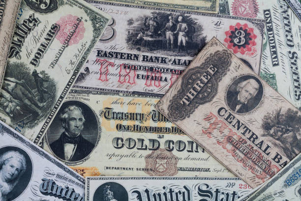 istock Old west era US dollar banknotes and silver certificates banknotes 2156023839