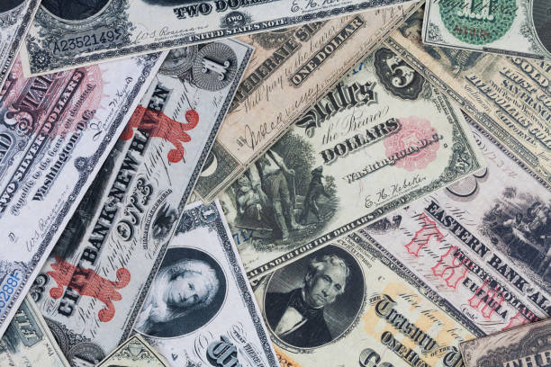 istock Old west era US dollar banknotes and silver certificates banknotes 2156025141