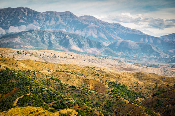 Viewpoint panorama Albanian mountains patterns and texture on scenic road trip around balkans
