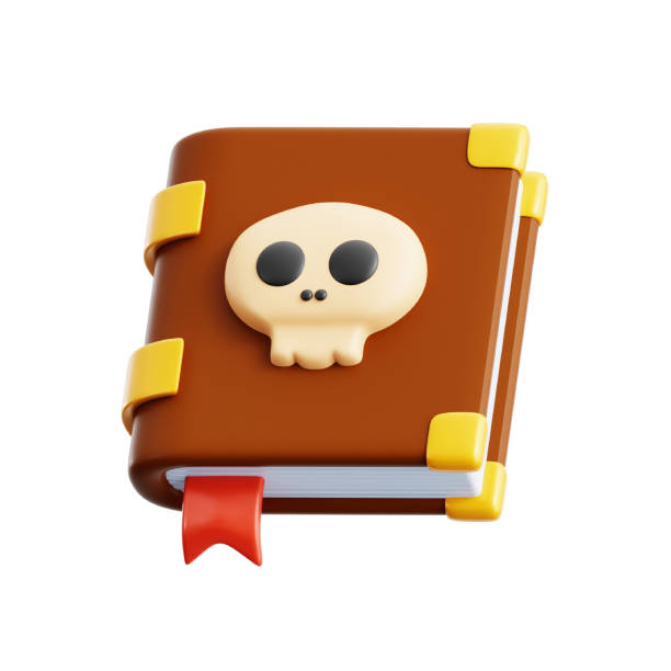 ancient old book closed with skull head mark symbol for deadly dangerous enemy quest guide game ui assets 3d icon illustration render design