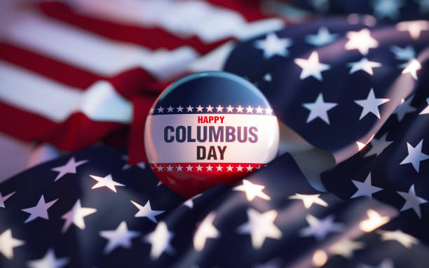 istock Happy Columbus Day Printed Badge Over American Flag 2156031101