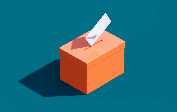Orange colored ballot box on blue background. Horizontal composition. Election concept.