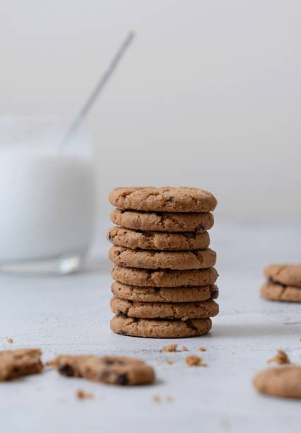 istock Vertical of chocolate cookies on a stack with a glass of milk 2156036409