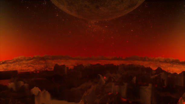 istock 3d render of surreal with astronomy science big stone hot sphere planet with volcanos crators and red lava  with yellow atmosphere and yellow toxic clouds in dark space with stars on back 2156036675