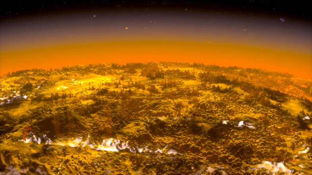 3d render of surreal with astronomy science big stone hot sphere planet with volcanos crators and red lava  with yellow atmosphere and yellow toxic clouds in dark space with stars on back