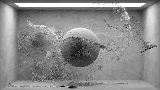 istock 3d render abstract art with surreal room interior with rough concrete walls with ball sphere in the center in deformation process based on small particles dust in curved wavy forms 2156037849