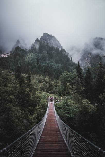 istock Suspension bridge over misty green mountain forest 2156039456