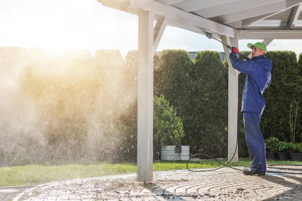 trabajador caucásico con una lavadora a presión limpiando el techo de una casa con patio - fuerzas de la naturaleza fotografías e imágenes de stock