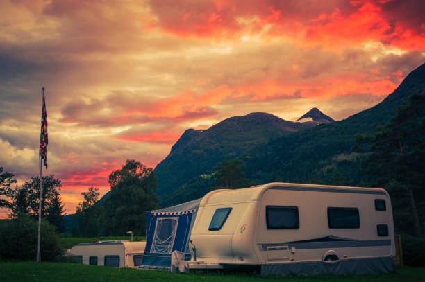 The sunset Sky Over Campground with Travel Trailers