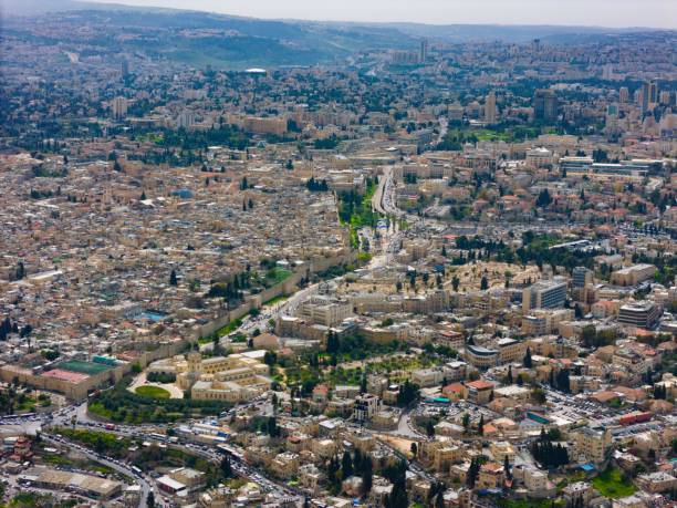Aerial photo showcasing the contrast between Jerusalem's historic Old City and the modern parts of Jerusalem, Israel.