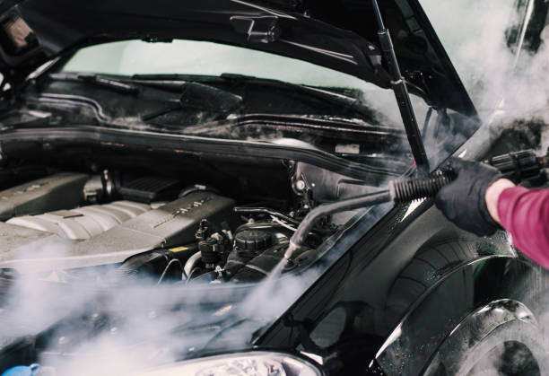 Man using steam to clean a car hood