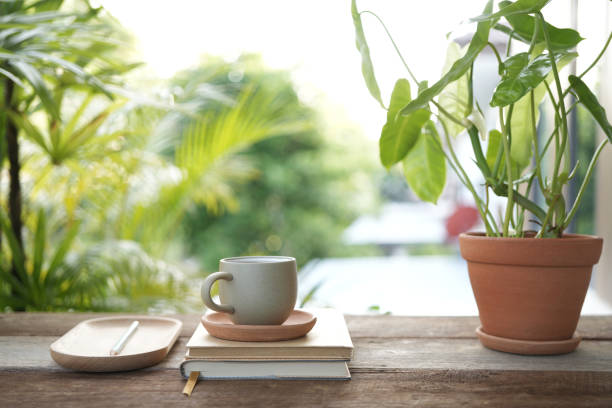 istock tea cup and notebook and plant pot at balcony outdoor 2156041727