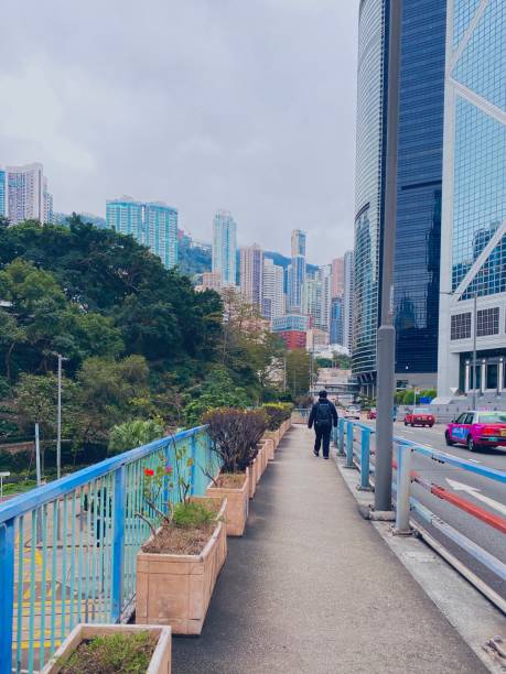Hong Kong, Hong Kong – February 10, 2024: An elevated walkway amidst urban buildings, adorned with diverse plant life