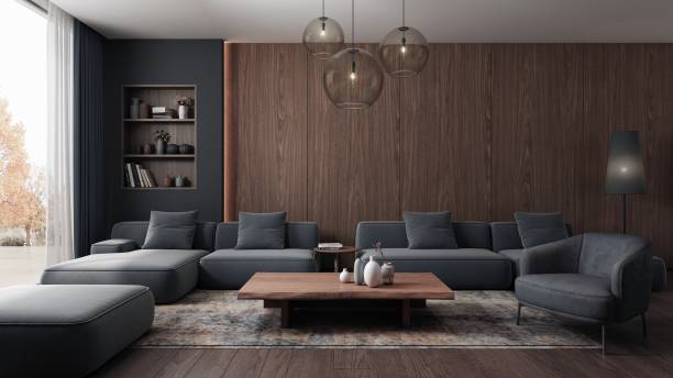 istock Living room designed in dark Japandi style with navy blue sofa. 2156042249