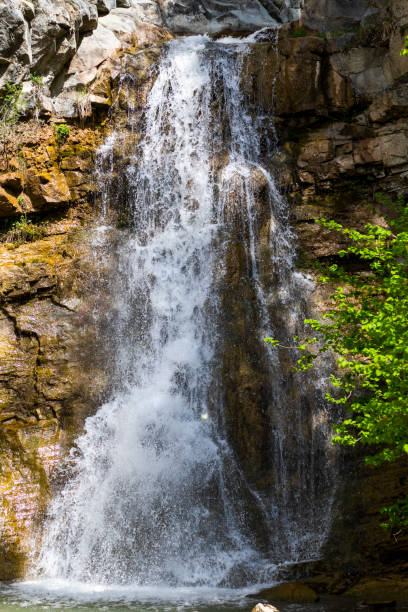 istock Waterfall cascading down a rocky cliff into a serene pond, embraced by lush trees and water 2156045964