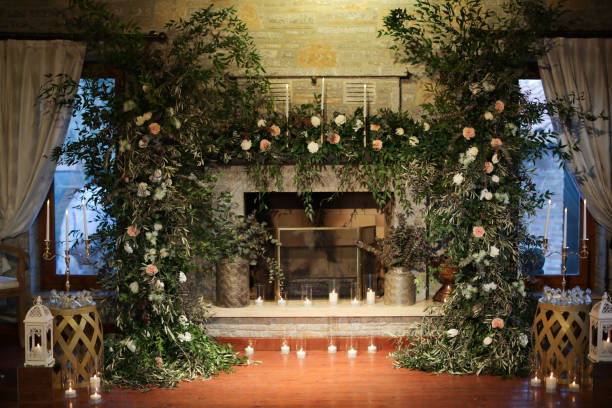 Romantic wedding ceremony. Beautiful setting for outdoors wedding ceremony waiting for bride and groom and guests. Decoration