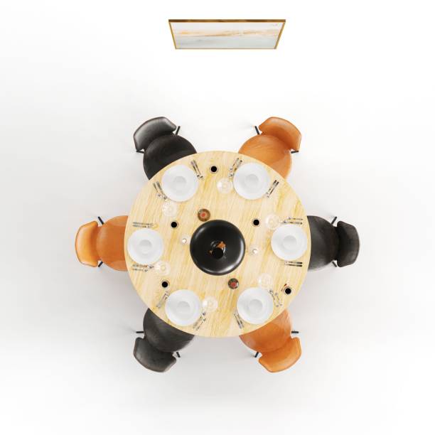 istock 3d rendering of a top view of a table set with wine bottle and four chairs. 2156049041