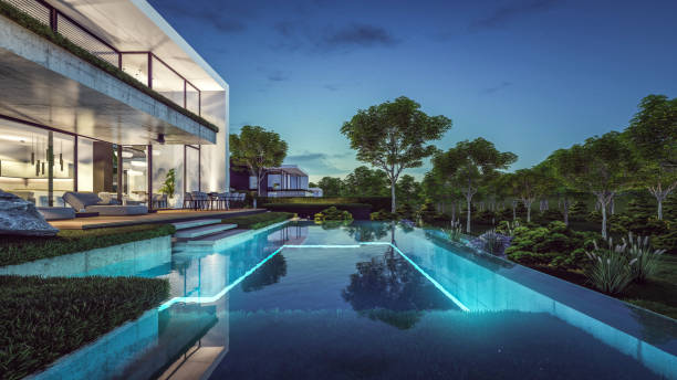 istock 3d rendering of modern house in luxurious style in night 2156051431