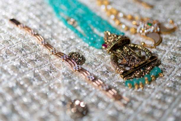 istock Jewelry on delicate lace with beads and chains 2156053514