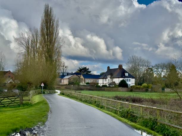 istock the landscape is filled with water and a road with trees 2156055312