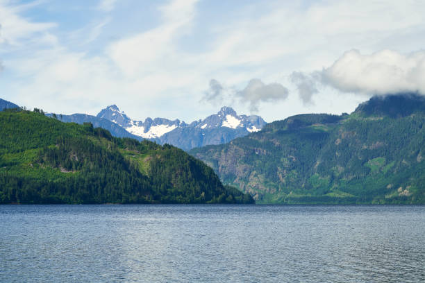View overlooking a serene lake to the distant recently logged mountains with fluffy clouds in the sky.