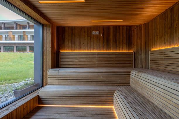 istock Interior of a wooden sauna with a beautiful view 2156058991